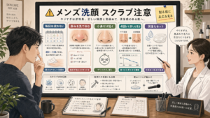メンズ洗顔とスクラブの使いすぎを説明する美容相談ボード
