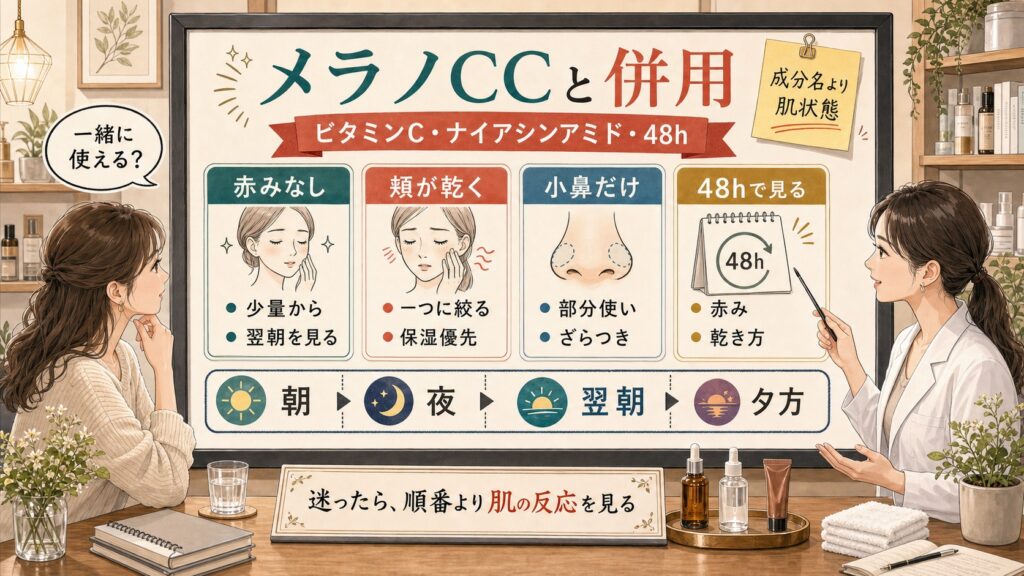 メラノCC系のビタミンC美容液とナイアシンアミドの併用を肌状態、順番、48時間の反応で整理する美容相談ボード