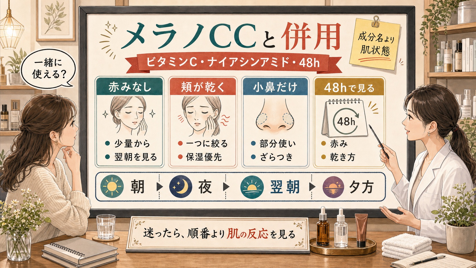 メラノCC系のビタミンC美容液とナイアシンアミドの併用を肌状態、順番、48時間の反応で整理する美容相談ボード