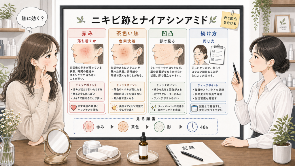 ニキビ跡とナイアシンアミドを赤み茶色い跡凹凸で比較する判断ボード