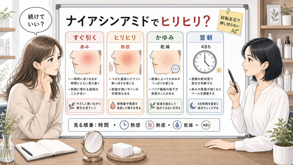 ナイアシンアミドのヒリヒリと赤みを時間と刺激サインで判断するボード