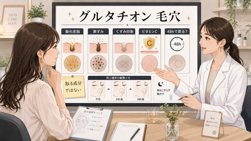 グルタチオン毛穴の酸化皮脂黒ずみくすみを整理する美容相談ボード