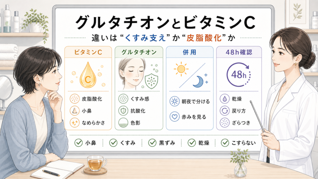 グルタチオンとビタミンCの違いをくすみと皮脂酸化で比較する美容相談ボード