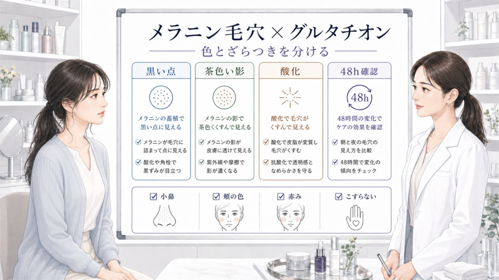 メラニン毛穴とグルタチオンを色とざらつきで分けるChocobraラボの比較ボード