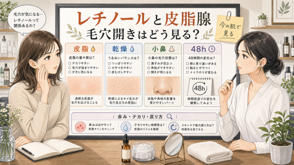 レチノールと皮脂腺、毛穴開きの見方を相談ボードで整理する女性2人
