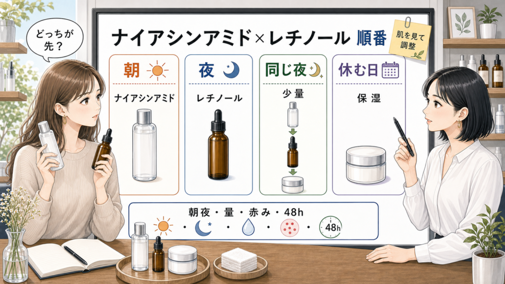 ナイアシンアミドとレチノールの順番を朝夜と同じ夜で整理するボード