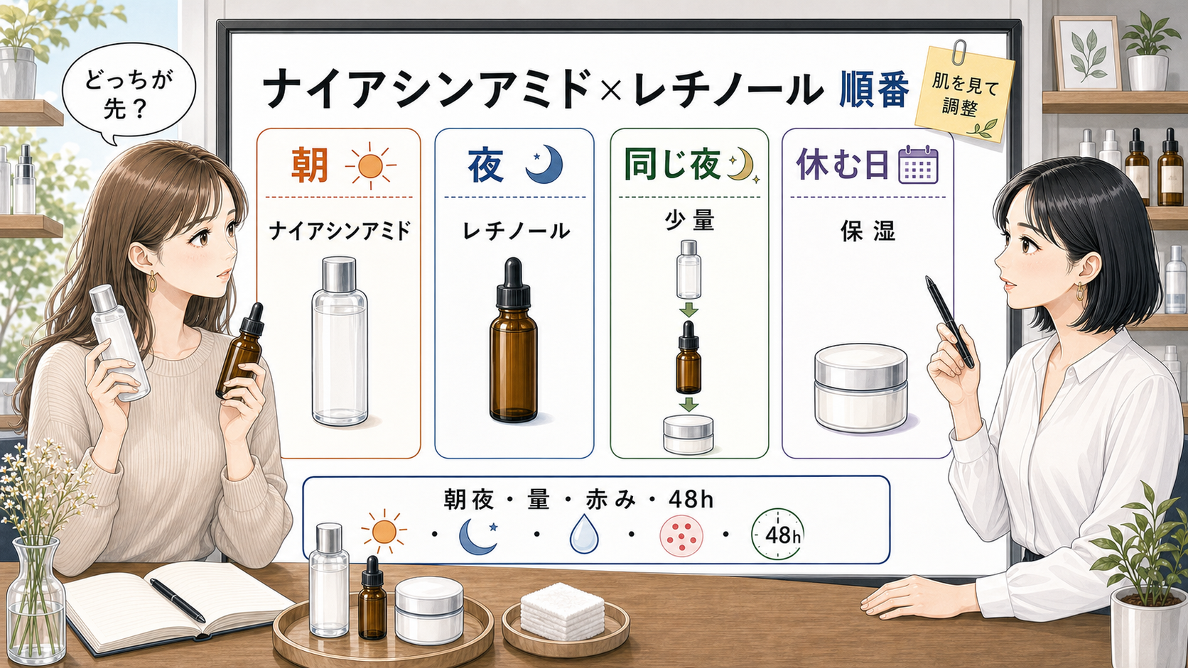 ナイアシンアミドとレチノールの順番を朝夜と同じ夜で整理するボード