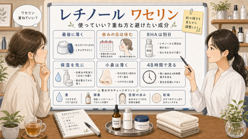 レチノールとワセリンの重ね方と避けたい成分を整理する白い美容相談ボード