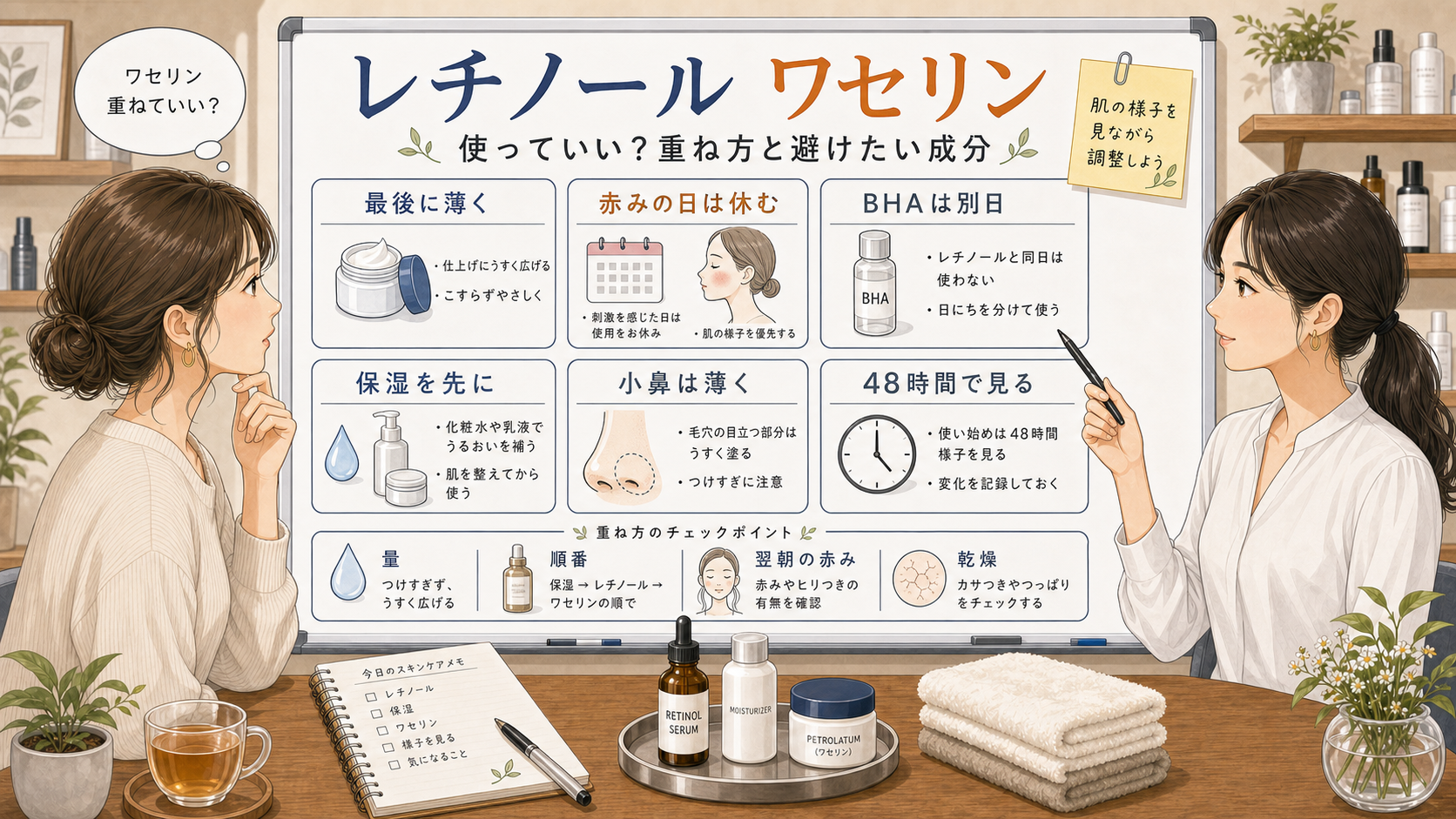 レチノールとワセリンの重ね方と避けたい成分を整理する白い美容相談ボード