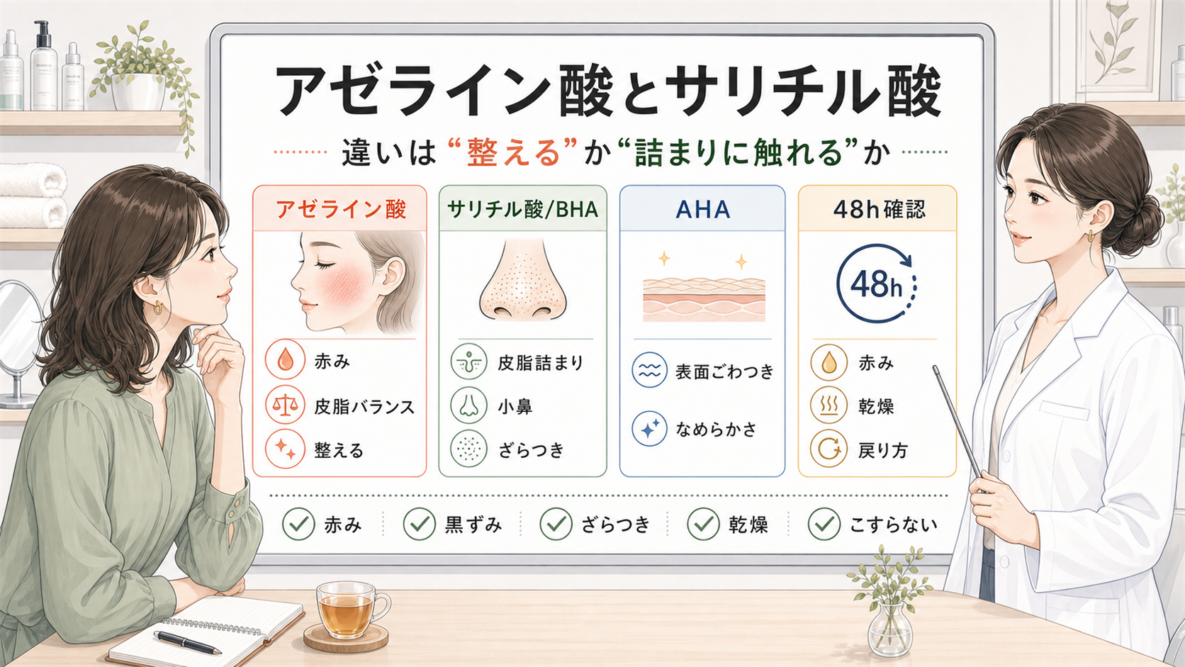 アゼライン酸とサリチル酸BHAとAHAの違いを毛穴と赤みで比較する美容相談ボード