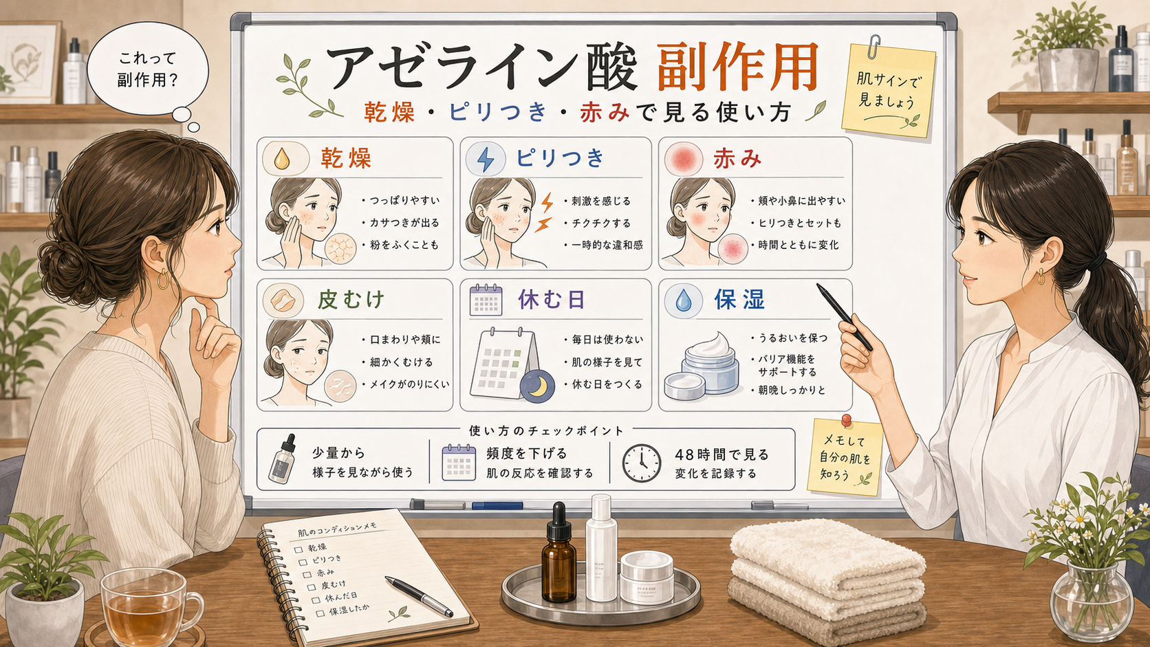 アゼライン酸の副作用を乾燥やピリつき赤みで整理する白い美容相談ボード