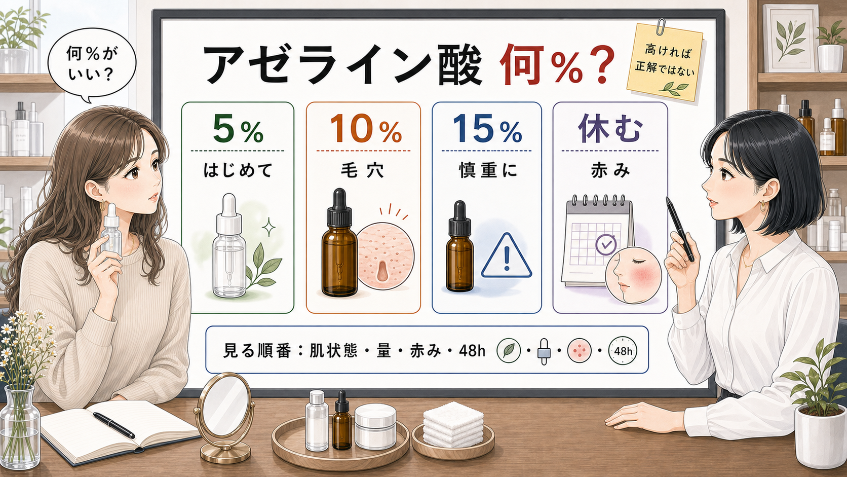 アゼライン酸の5%10%15%と休む判断を比較する濃度選びボード