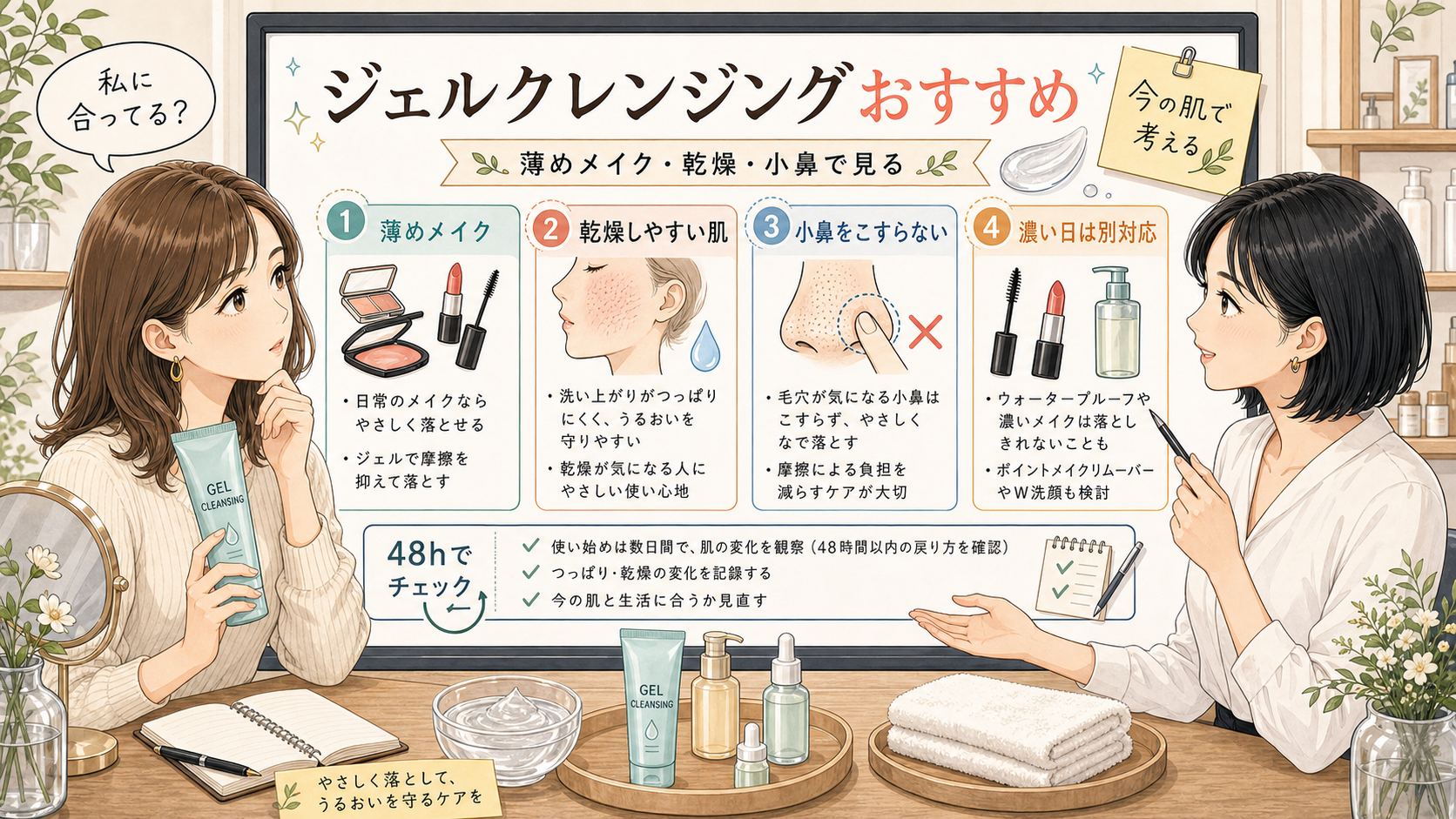 ジェルクレンジングがおすすめな人を薄めメイク乾燥小鼻で整理する1433基準イラストボード