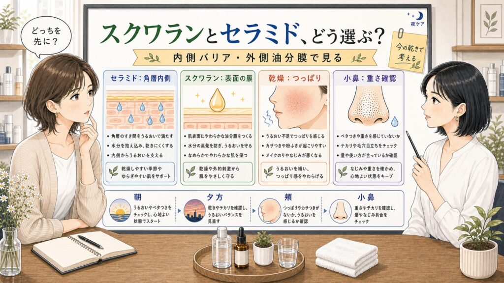 スクワランとセラミドを内側バリアと外側油分膜で比較する美容相談ボード