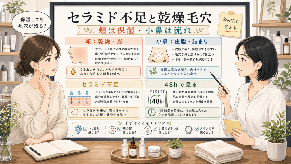 セラミド不足と乾燥毛穴を頬の保湿と小鼻の流れで整理する1433基準の相談ボードイラスト