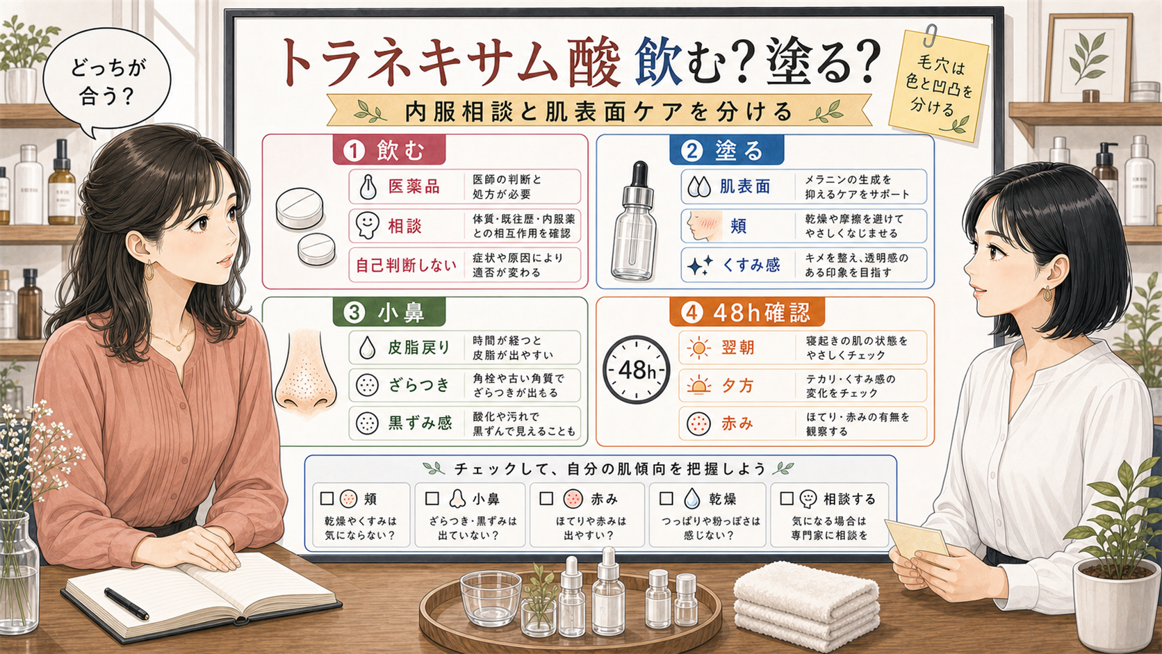 トラネキサム酸の飲むケアと塗るケアを毛穴の見え方で比較する美容相談ボード