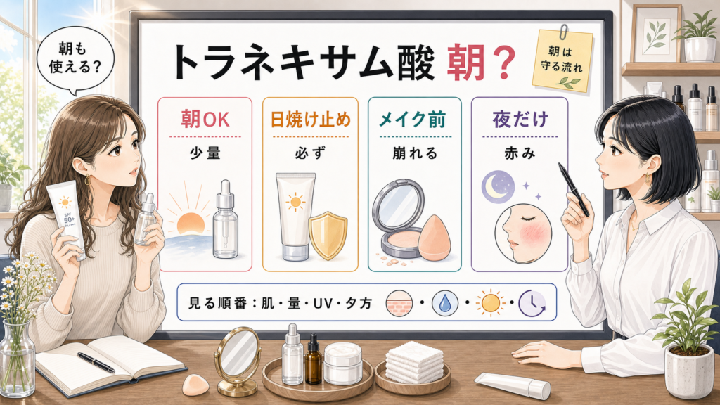 トラネキサム酸を朝に使うか夜だけにするかを比較する朝のスキンケア判断ボード