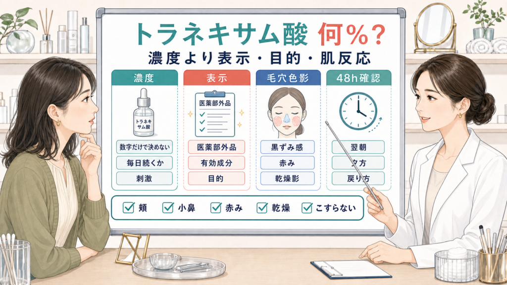 トラネキサム酸の濃度と医薬部外品表示と肌反応を比較する美容相談ボード