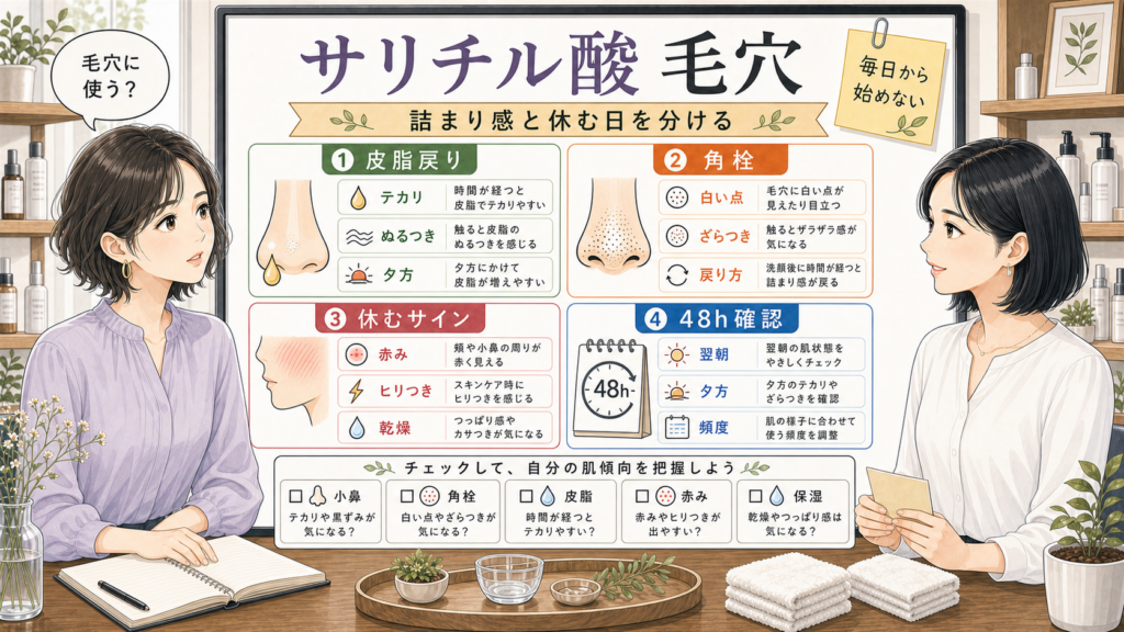 サリチル酸を毛穴ケアに使う日と休む日を比較する美容メディア風白ボード