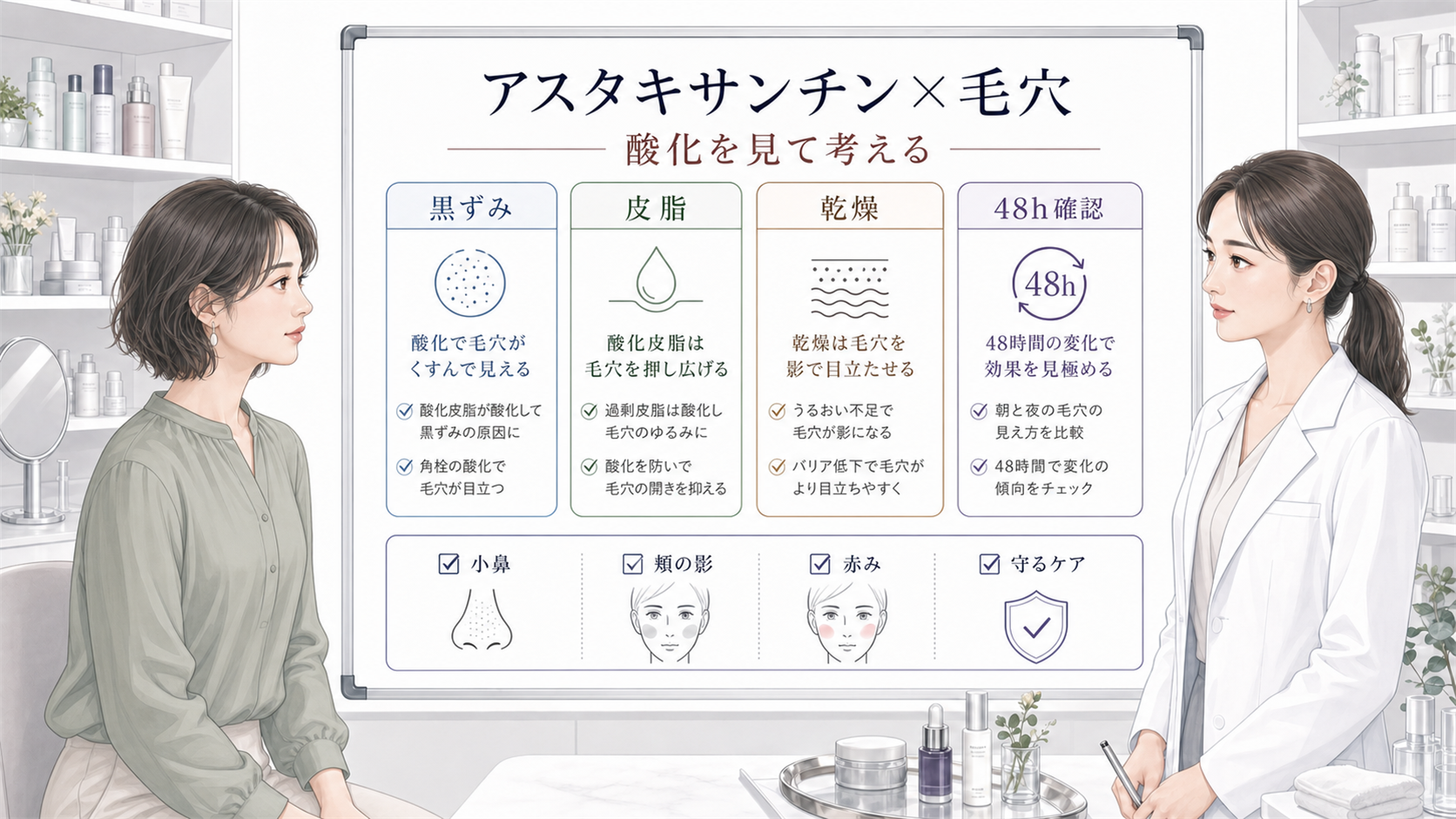 アスタキサンチンと毛穴の酸化を48時間で確認するChocobraラボの比較ボード