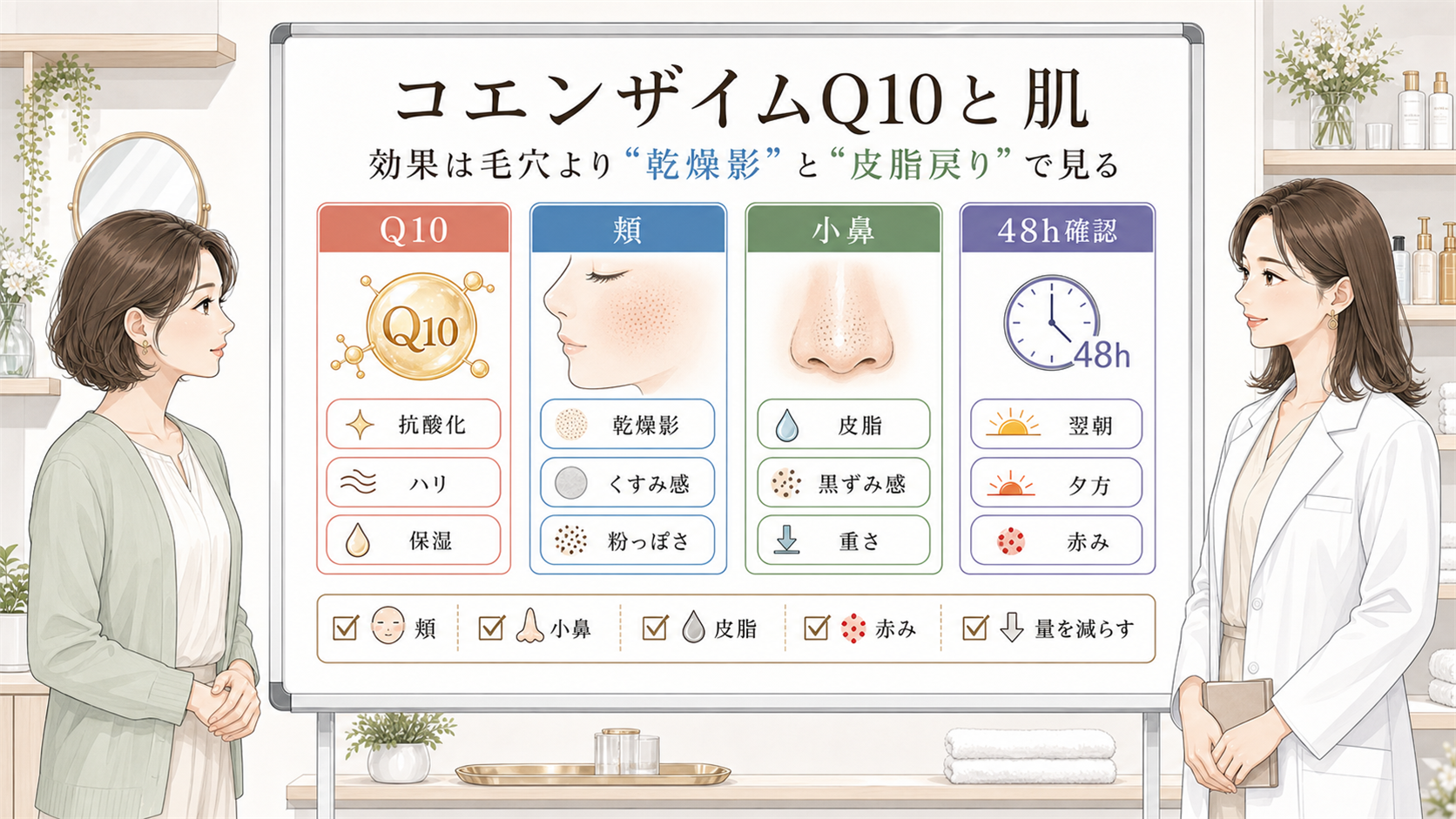 コエンザイムQ10の肌効果を乾燥影と皮脂戻りで比較する美容相談ボード