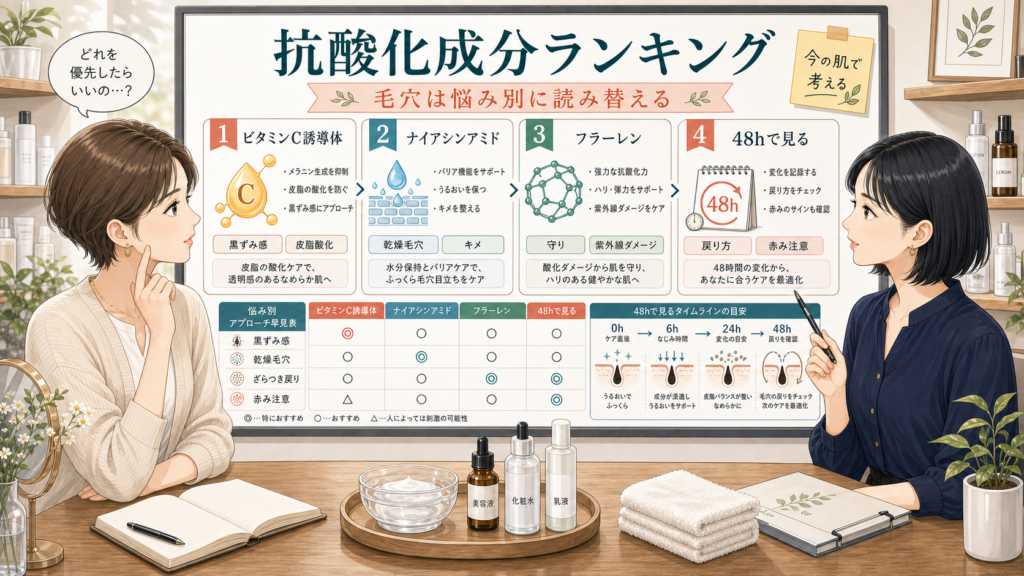 Chocobraラボで抗酸化成分ランキングを毛穴悩み別に比較するボード
