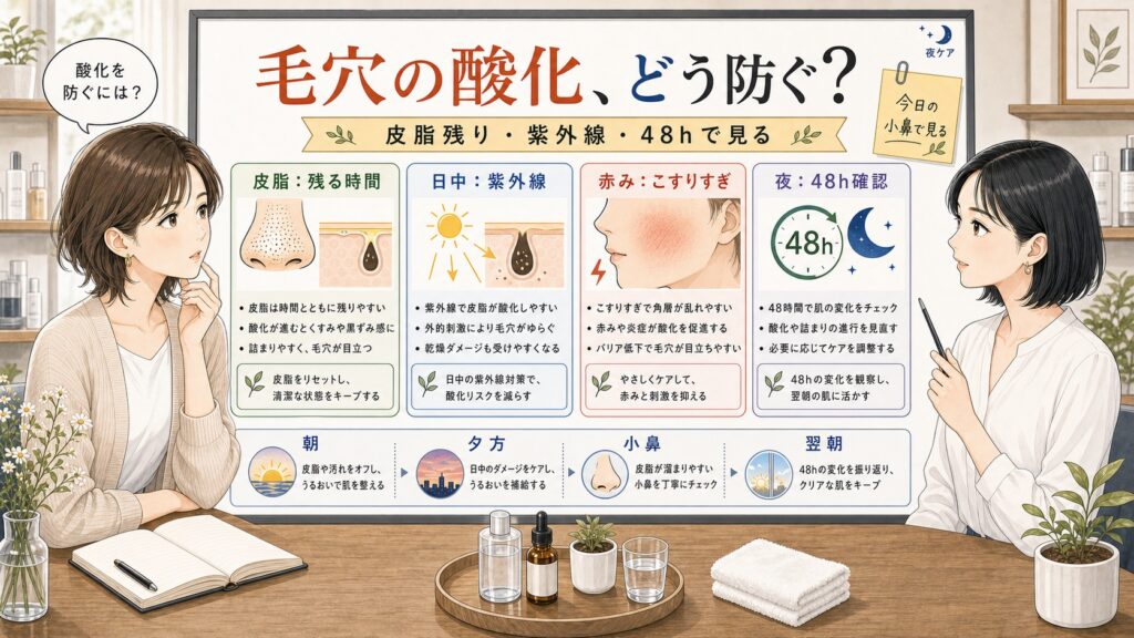 毛穴の酸化を皮脂残り、紫外線、赤み、48時間の戻り方で整理する美容相談ボード