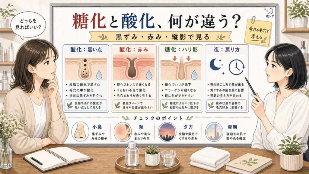 糖化と酸化の違いを黒ずみ、赤み、縦影、戻り方で整理する美容相談ボード
