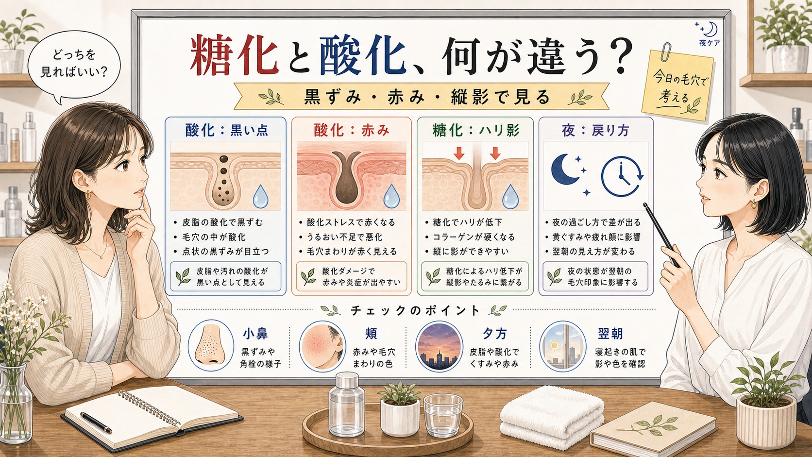 糖化と酸化の違いを黒ずみ、赤み、縦影、戻り方で整理する美容相談ボード