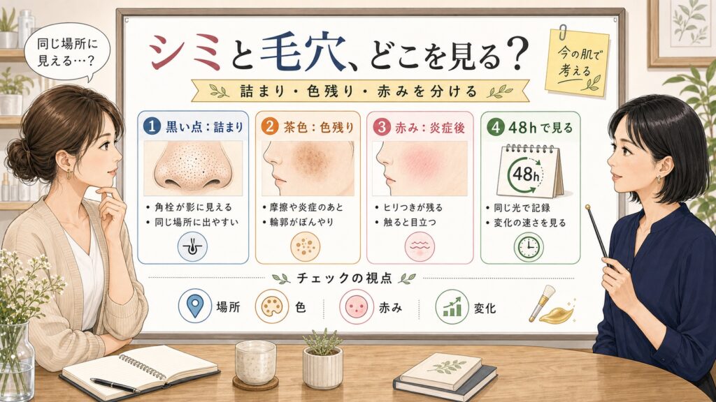 シミと毛穴の見分け方を黒い点、茶色の色残り、赤み、48時間観察で整理する美容相談ボード