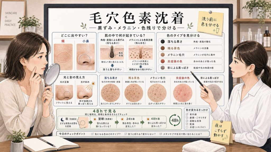 毛穴色素沈着の黒ずみメラニン色残りを分ける美容相談ボード