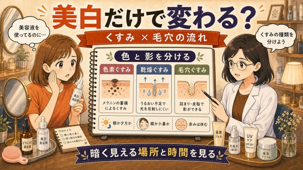 美白成分だけでは見えにくい毛穴詰まりとくすみの違いを説明するイラスト