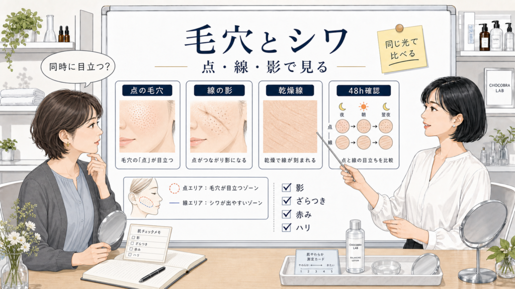毛穴とシワの点と線の見え方を48時間で確認するChocobraラボの相談ボード