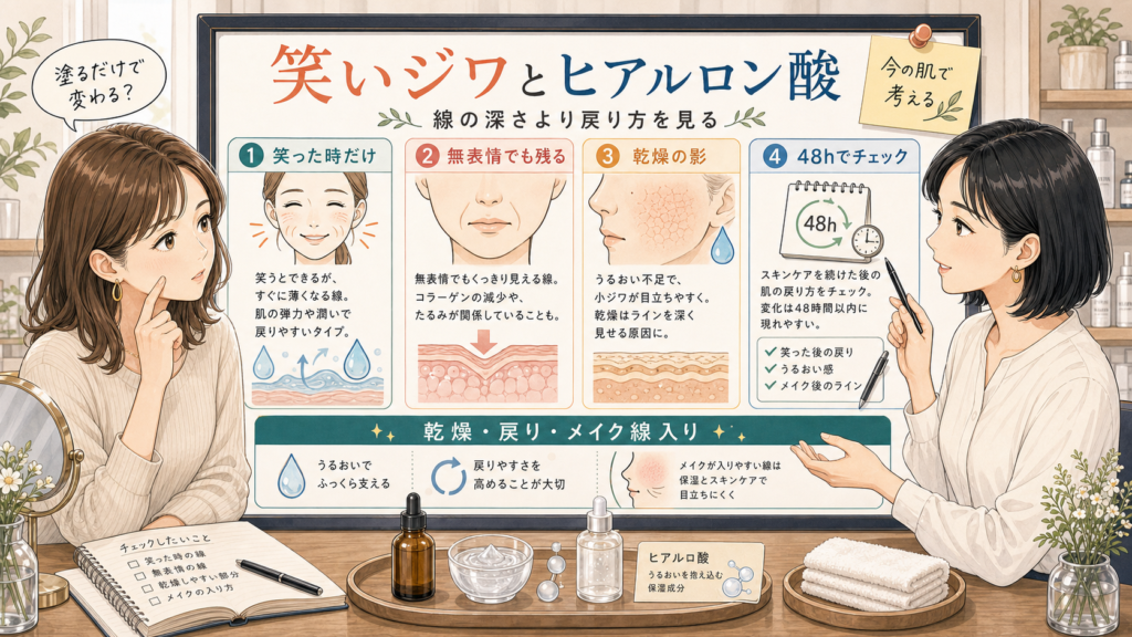 笑いジワとヒアルロン酸を線の戻り方と乾燥で整理する1433基準イラストボード