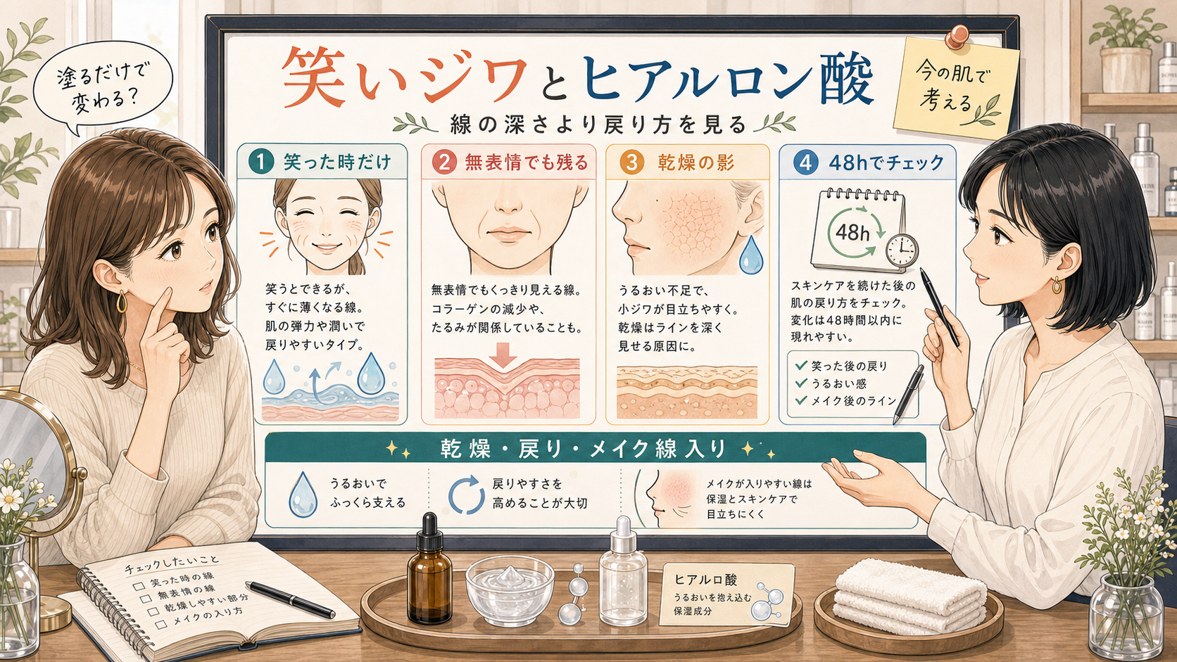 笑いジワとヒアルロン酸を線の戻り方と乾燥で整理する1433基準イラストボード