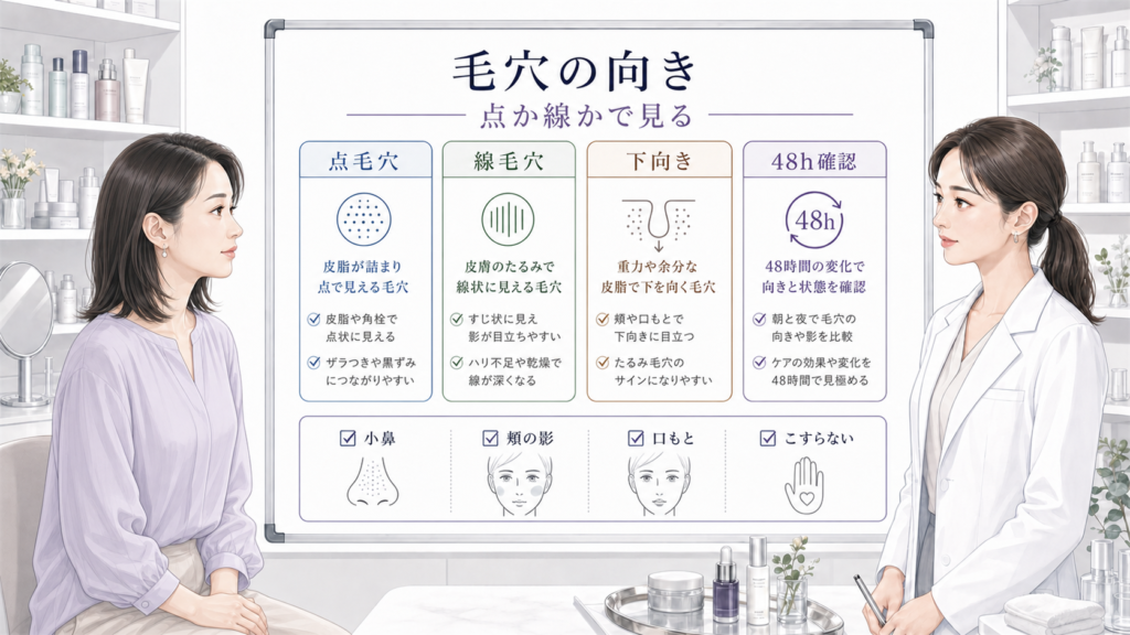 毛穴の向きを点か線かで48時間確認するChocobraラボの比較ボード