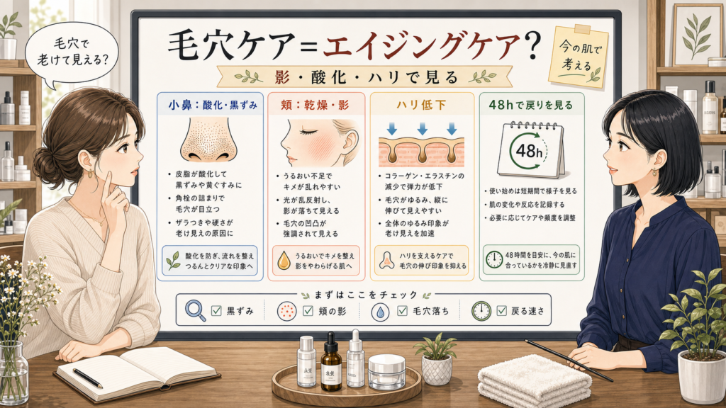 毛穴ケアをエイジングケアとして影・酸化・ハリ・48時間で整理する1433基準の相談ボードイラスト