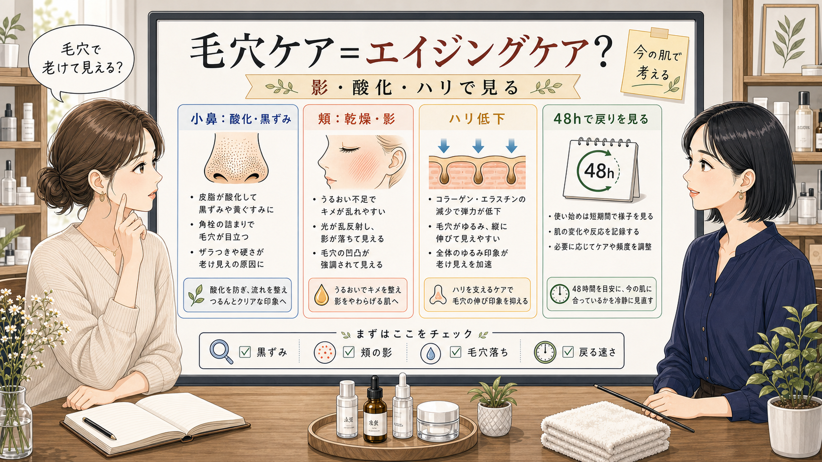 毛穴ケアをエイジングケアとして影・酸化・ハリ・48時間で整理する1433基準の相談ボードイラスト