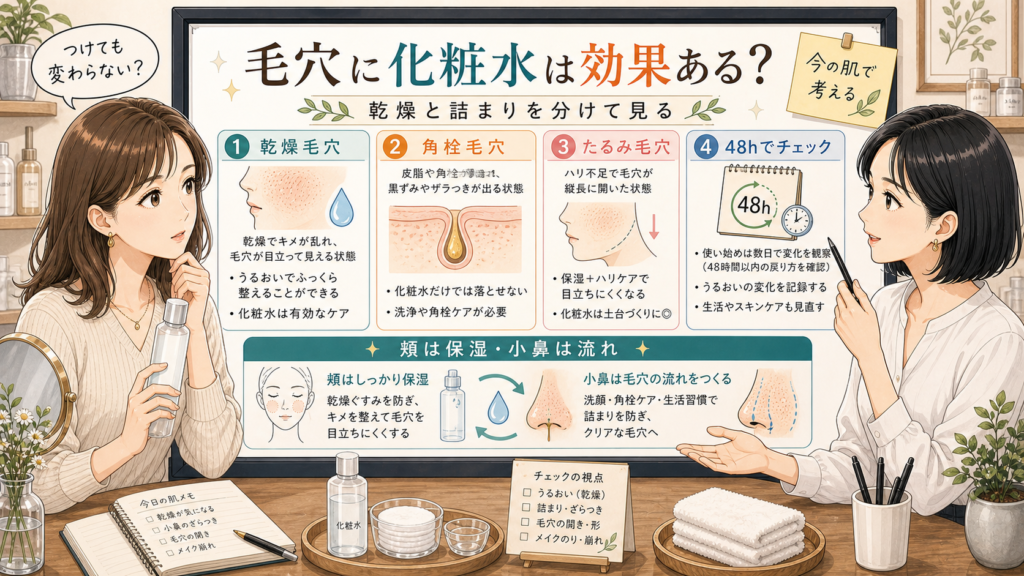 毛穴に化粧水は効果あるかを乾燥毛穴と角栓毛穴で整理する1433基準イラストボード