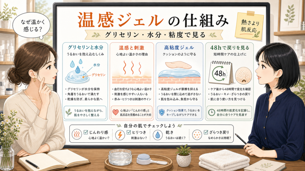 温感ジェルの仕組みをグリセリン・水分・粘度・48時間の戻りで整理する1433基準の相談ボードイラスト