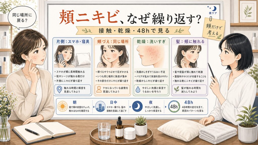 頬ニキビの原因を接触、乾燥、寝具、髪、48時間の戻り方で整理する美容相談ボード