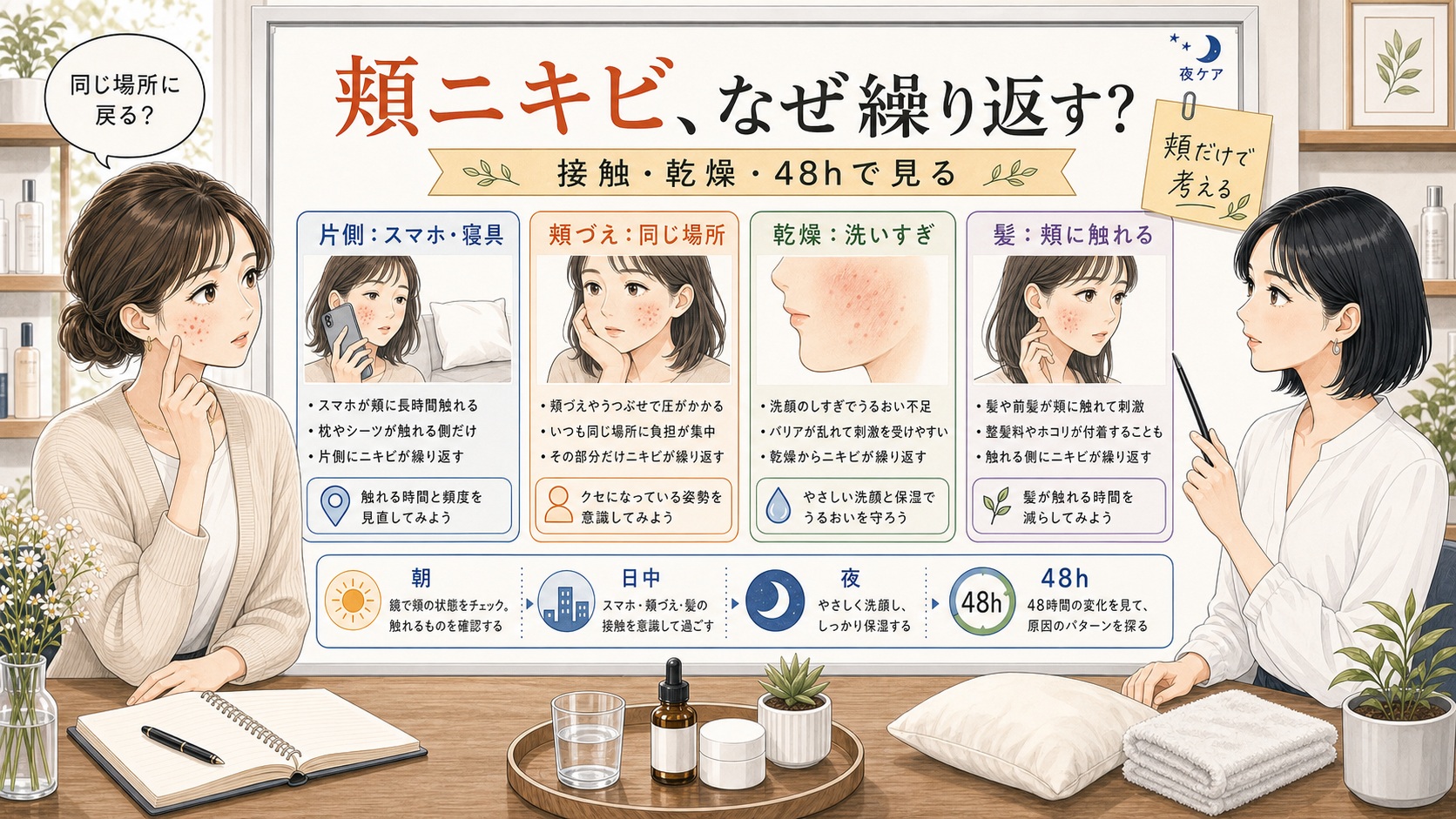 頬ニキビの原因を接触、乾燥、寝具、髪、48時間の戻り方で整理する美容相談ボード