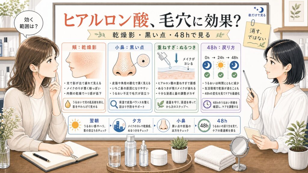 ヒアルロン酸の毛穴効果を乾燥影、黒い点、重ねすぎ、48時間の戻り方で整理する美容相談ボード