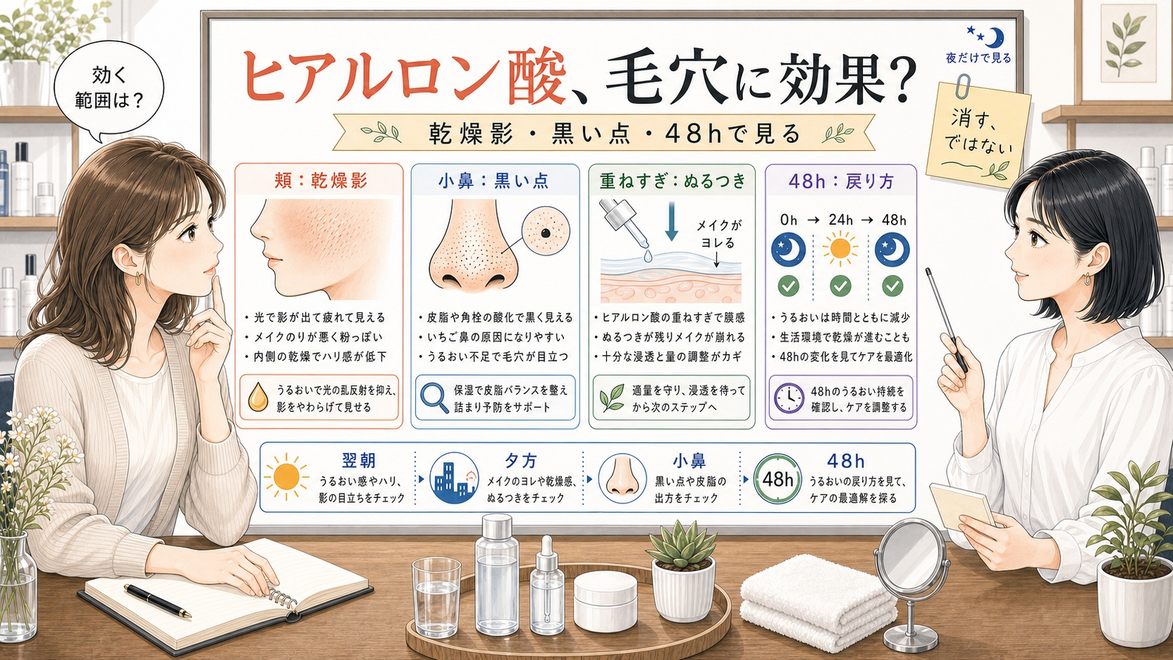 ヒアルロン酸の毛穴効果を乾燥影、黒い点、重ねすぎ、48時間の戻り方で整理する美容相談ボード