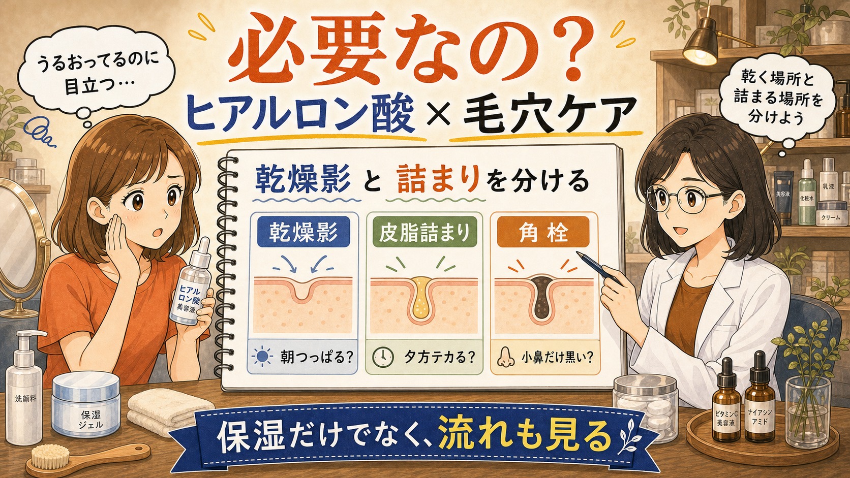 毛穴ケアにヒアルロン酸が必要な乾燥影と詰まりの違いを説明するイラスト
