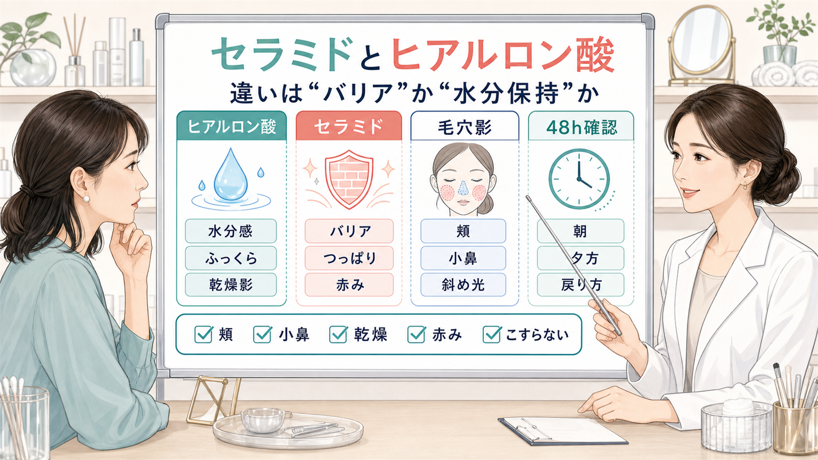 セラミドとヒアルロン酸の違いをバリアと水分保持で比較する美容相談ボード