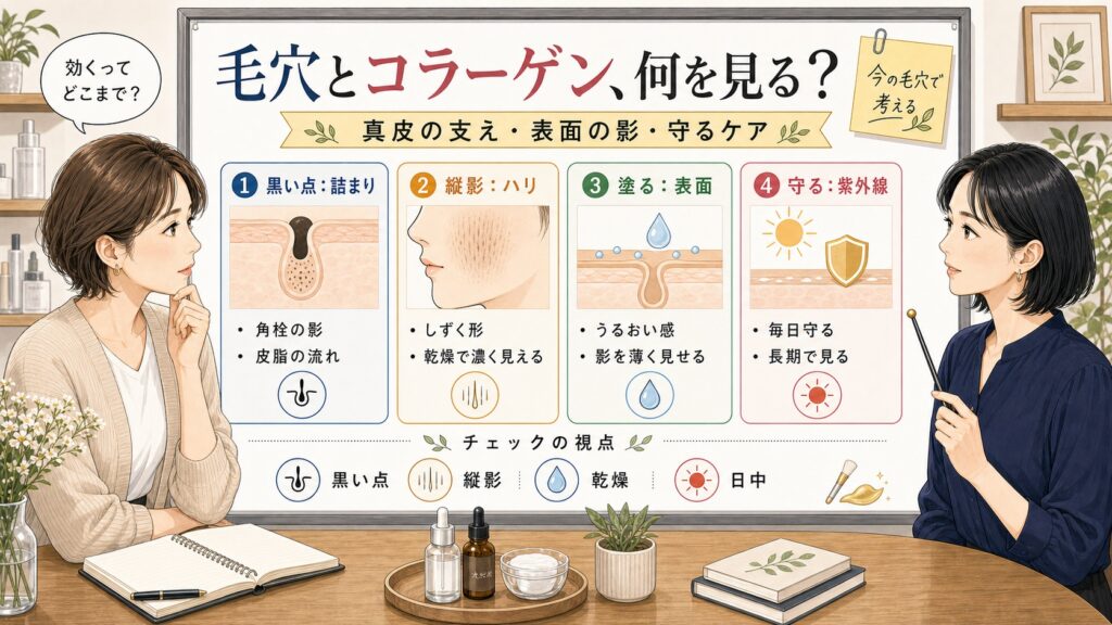 毛穴とコラーゲンの効果を黒い点、縦影、表面、紫外線で整理する美容相談ボード