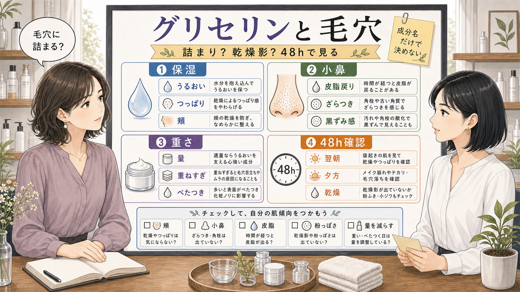 グリセリンと毛穴詰まりを乾燥影と皮脂戻りで比較する美容相談ボード