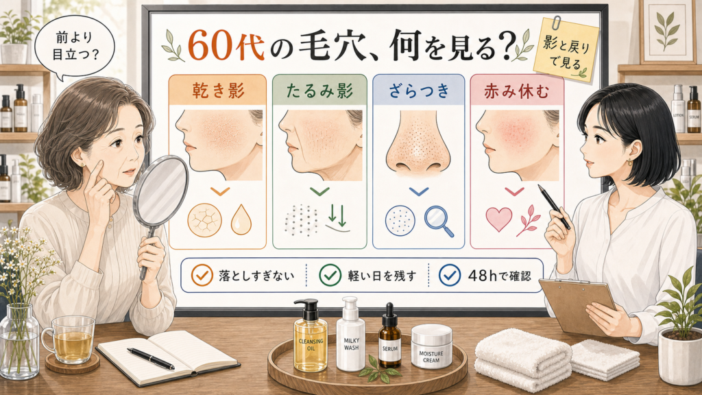 60代の毛穴ケアで乾き影・たるみ影・ざらつき・赤みを分けて判断する美容相談ボード