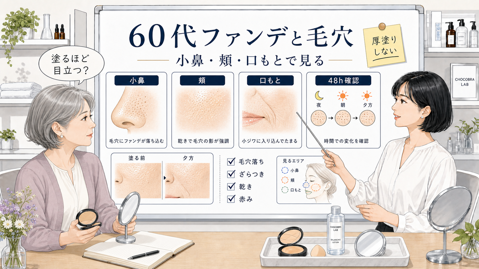 60代のファンデーションと毛穴落ちを小鼻頬口もとで確認するChocobraラボの相談ボード